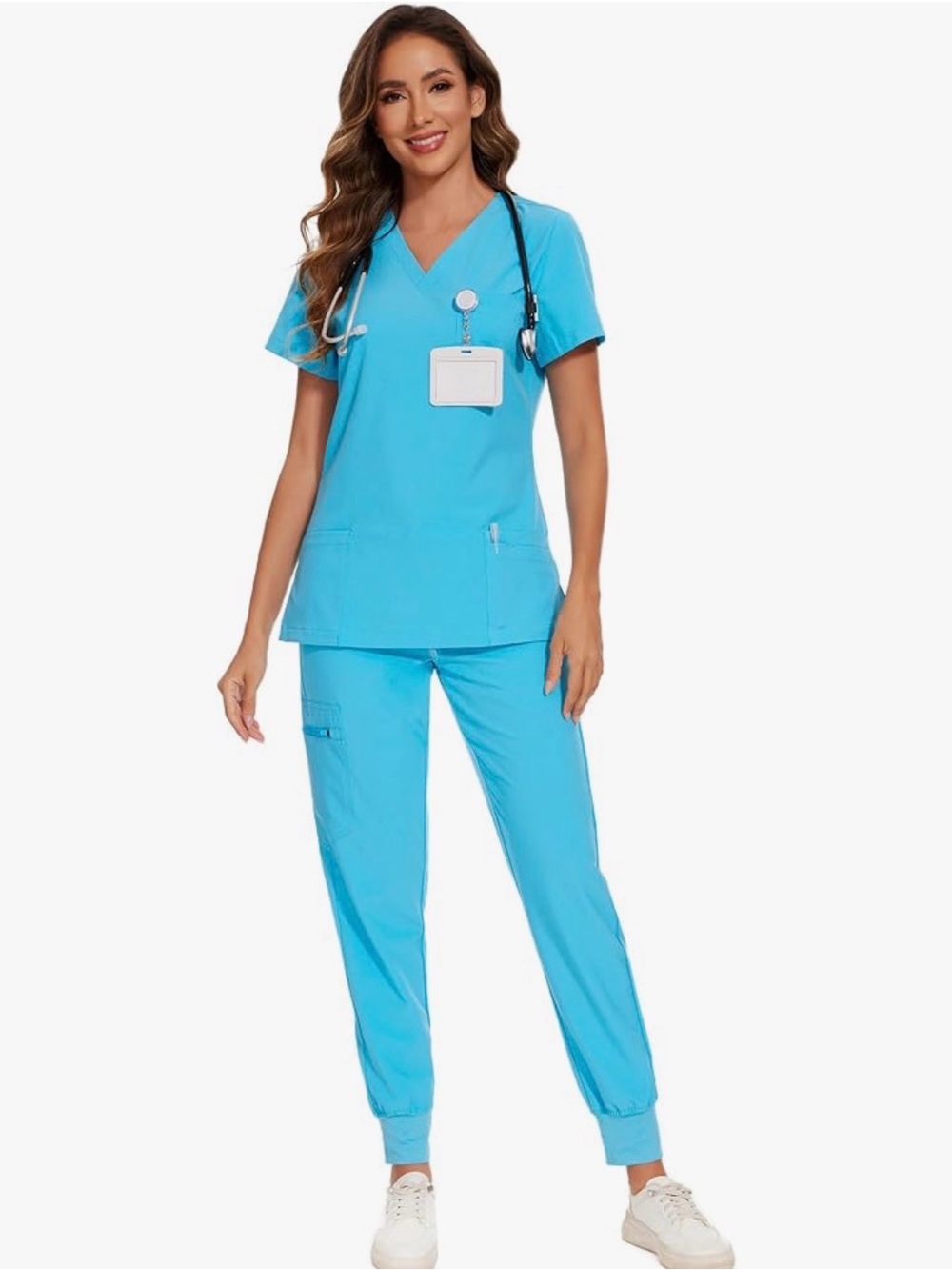 Scrub Set - Sky Blue Women's V-Neck Top & Jogger Pants